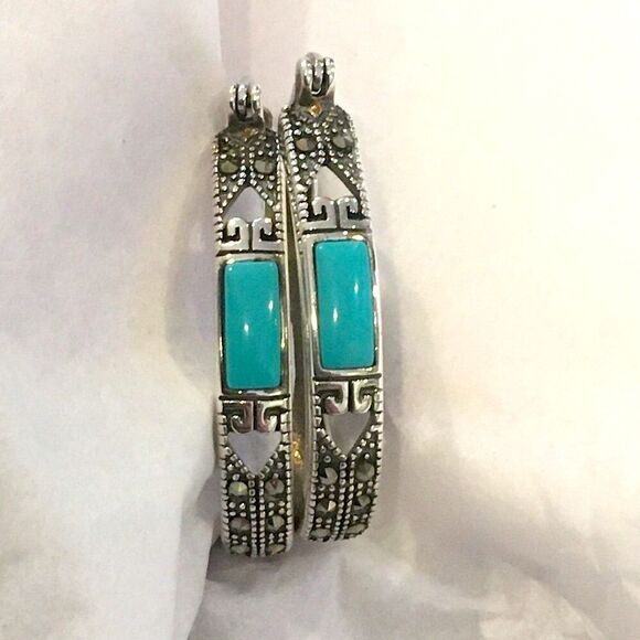 Turquoise Marcasite Sterling Silver Oval Hoop Saddle Back Earrings - Picture 2 of 9